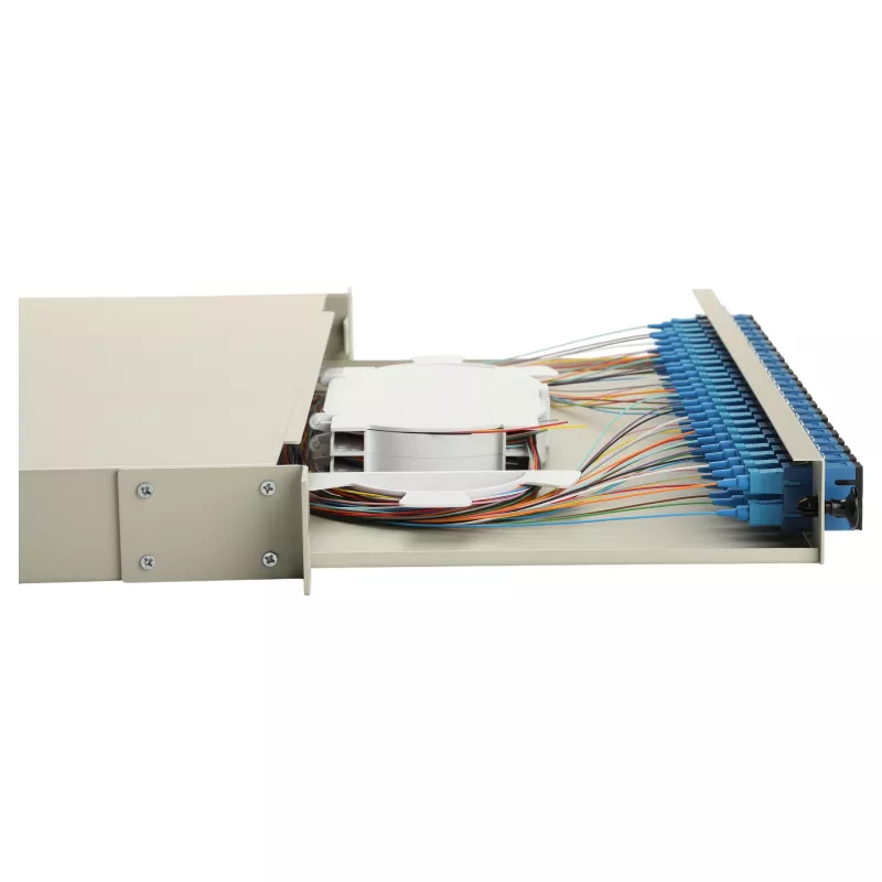 Equip caixa de fusão de fibra ótica de 24 portas, SC duplex, OS2, 1U, equipada, cinzento