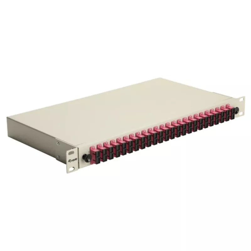 Equip caixa de fusão de fibra ótica SC Duplex OM4 de 24 portas 1U para rack, equipada, cinzenta