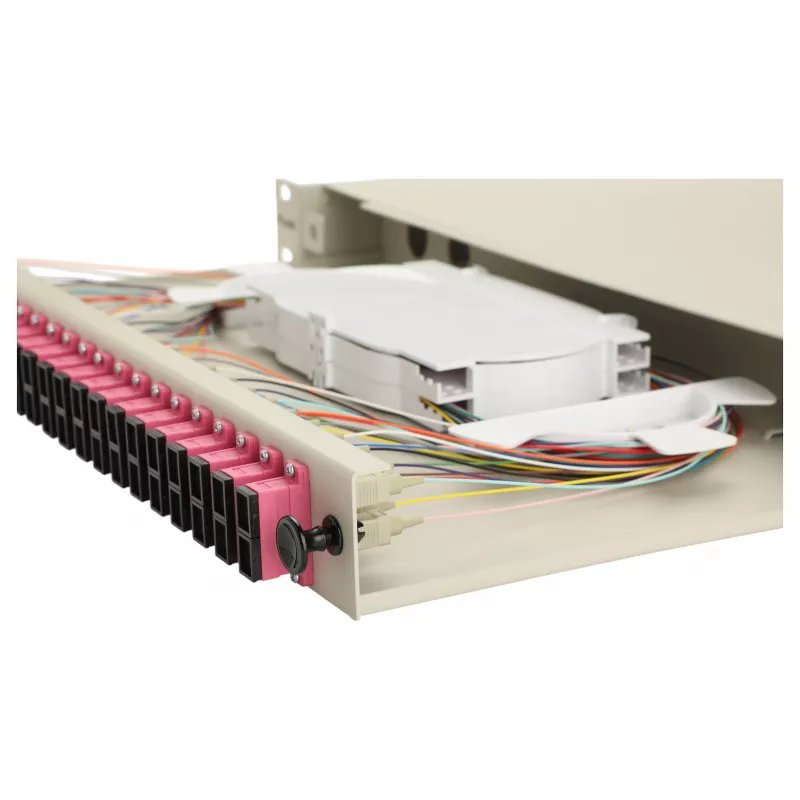 Equip caixa de fusão de fibra ótica SC Duplex OM4 de 24 portas 1U para rack, equipada, cinzenta