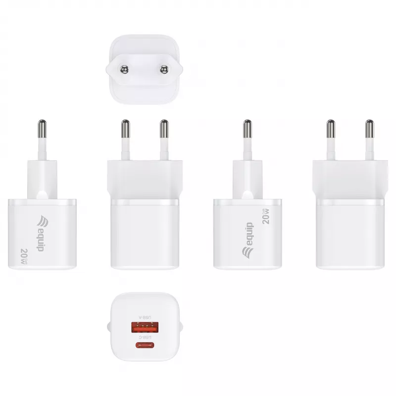 Equip 245526 Carregador de Parede USB-C PD3.0 / USB-A GaN 20W com 2 Portas, Branco