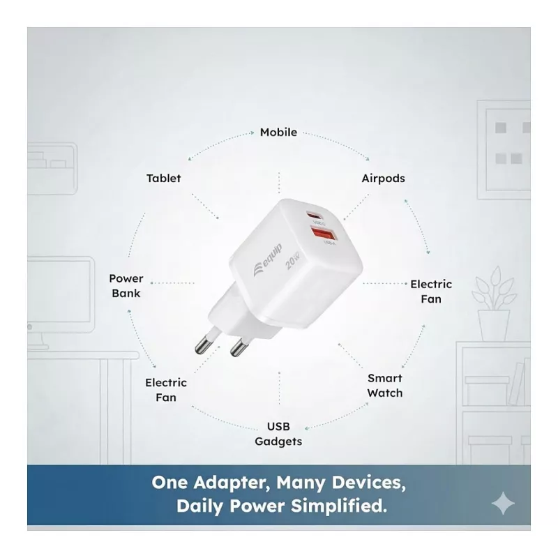 Equip 245526 Carregador de Parede USB-C PD3.0 / USB-A GaN 20W com 2 Portas, Branco