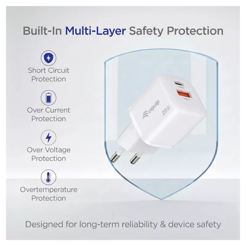 Equip 245526 Carregador de Parede USB-C PD3.0 / USB-A GaN 20W com 2 Portas, Branco
