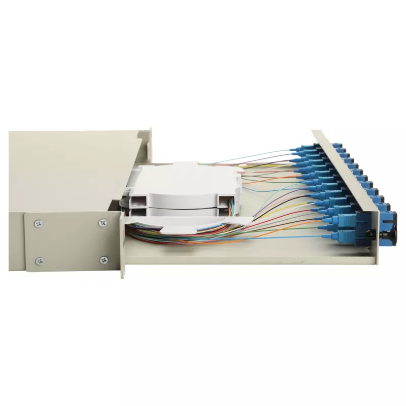 Caixa de fusão de fibra ótica Equip 591911 12 portas SC duplex, OS2, 1U, totalmente equipada, cinzento