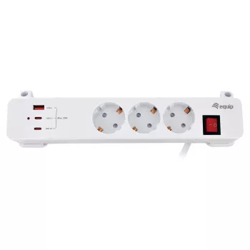 Equip Régua de tomadas CEE 7/7 90° para 3x Schuko / 2x USB-C + USB-A, Branco, 1,5m