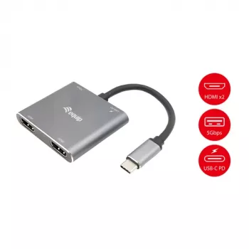 Adaptador USB-C 4-em-1 Dual-HDMI EQUIP com 100W PD, 4K MST, Alumínio