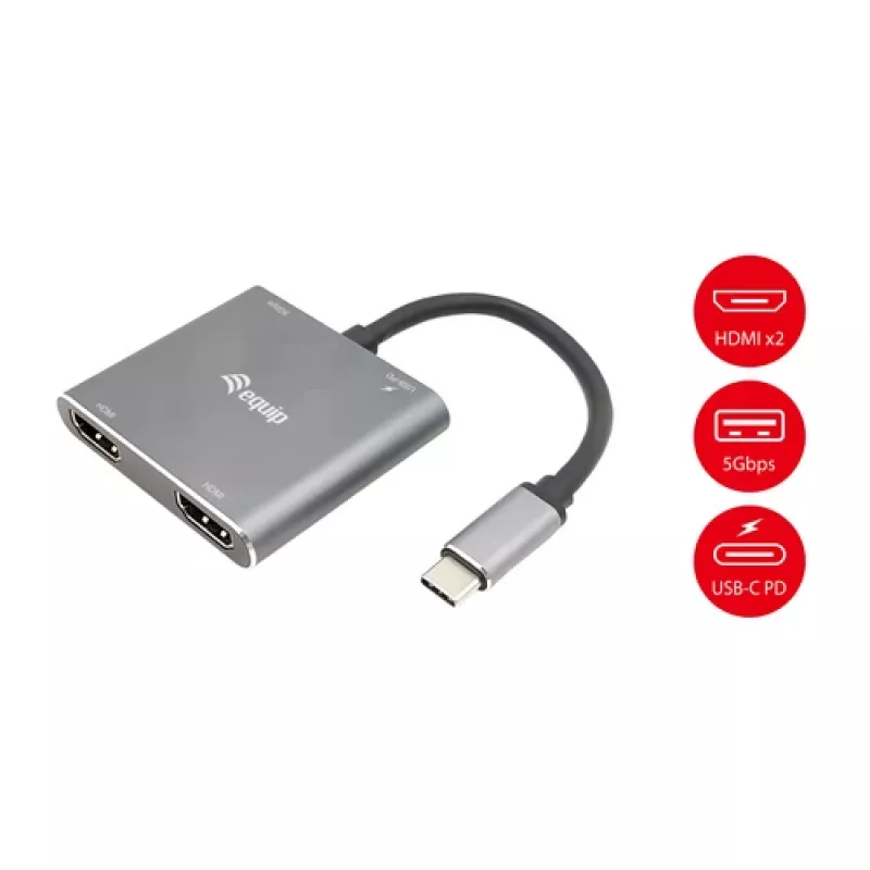 Adaptador USB-C 4-em-1 Dual-HDMI EQUIP com 100W PD, 4K MST, Alumínio