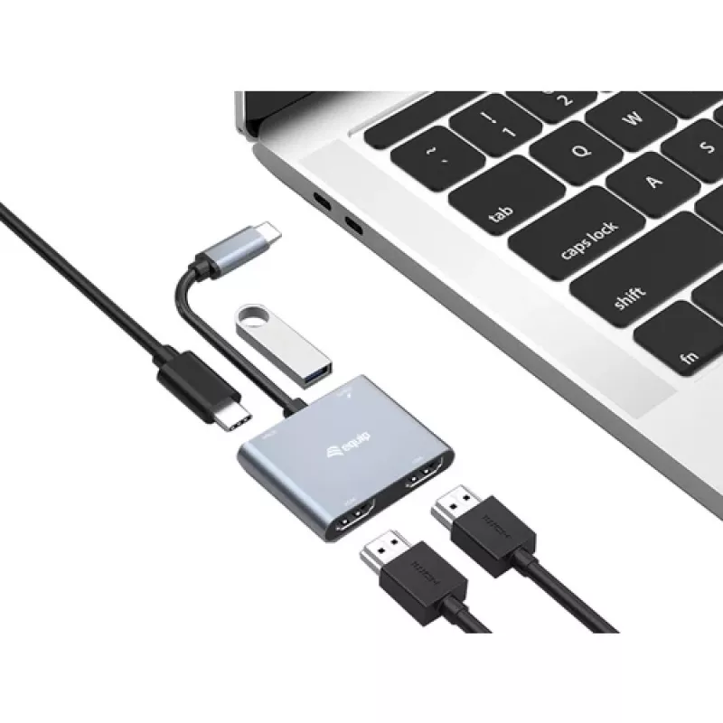 Adaptador USB-C 4-em-1 Dual-HDMI EQUIP com 100W PD, 4K MST, Alumínio