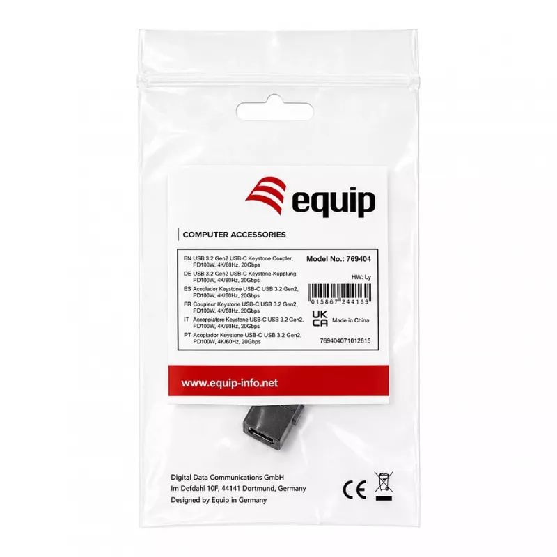 Equip Acoplador Keystone USB-C, USB 3.2 Gen 2, conector fêmea USB-C para fêmea, preto