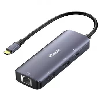 Adaptador multiportas EQUIP USB-C com 2x HDMI, RJ45, 2x USB-A, USB-C PD 100W, Cinzento