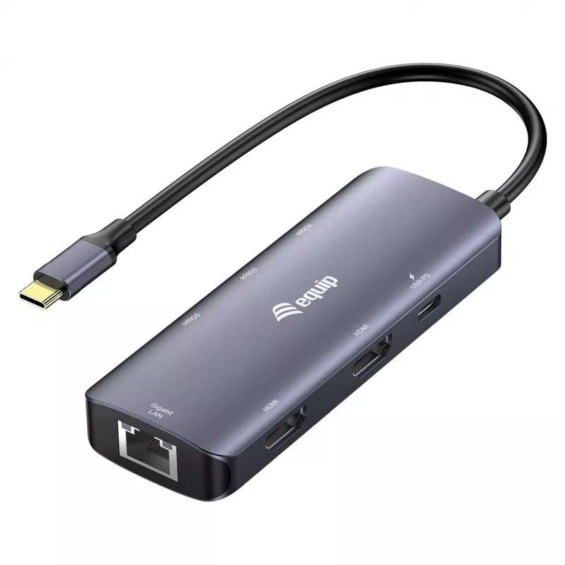 Adaptador multiportas EQUIP USB-C com 2x HDMI, RJ45, 2x USB-A, USB-C PD 100W, Cinzento