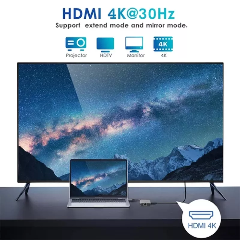 Adaptador multiportas EQUIP USB-C com 2x HDMI, RJ45, 2x USB-A, USB-C PD 100W, Cinzento
