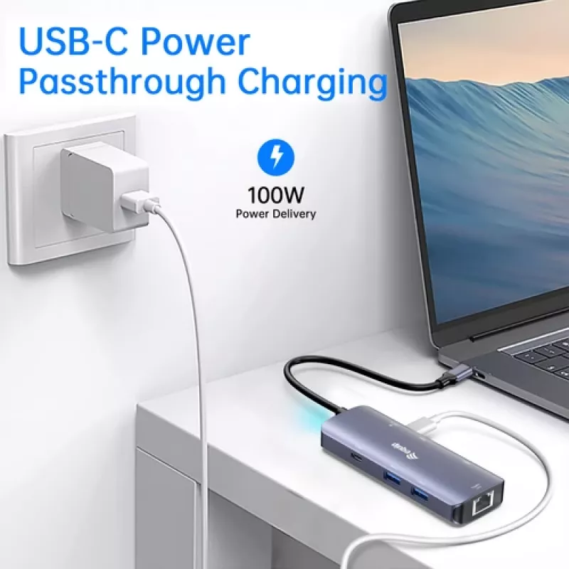 Adaptador multiportas EQUIP USB-C com 2x HDMI, RJ45, 2x USB-A, USB-C PD 100W, Cinzento