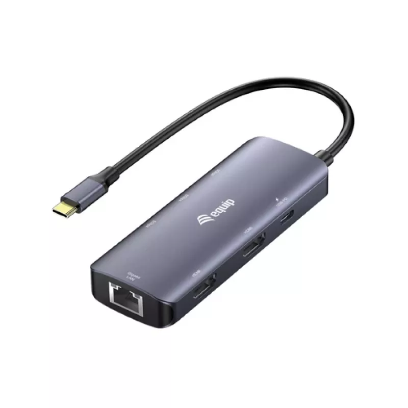 Adaptador multiportas EQUIP USB-C com 2x HDMI, RJ45, 2x USB-A, USB-C PD 100W, Cinzento