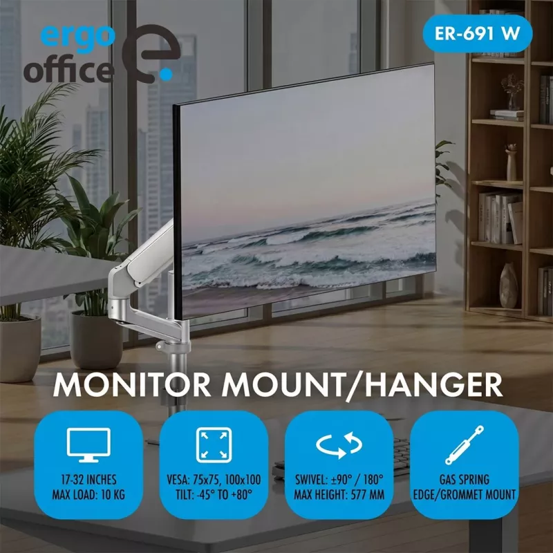 Suporte de secretária com mola a gás ERGO OFFICE ER-691 W para monitores de 17-32 polegadas até 10 kg, branco mate