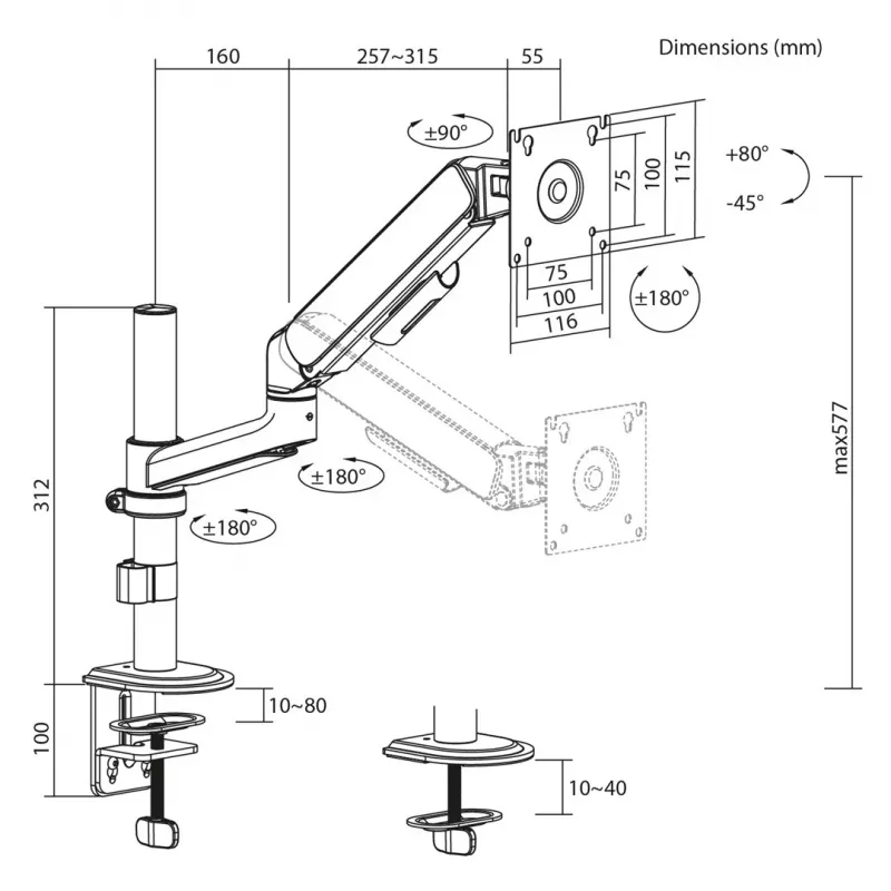 Suporte de secretária com mola a gás ERGO OFFICE ER-691 W para monitores de 17-32 polegadas até 10 kg, branco mate