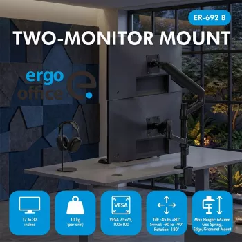Suporte de secretária para dois monitores ERGO OFFICE ER-692, braço a gás, para 17-32