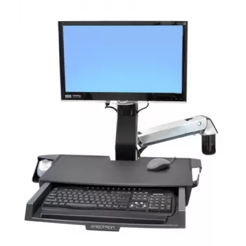 Ergotron 45-260-026 Track Mount Kit, suporte de monitor com altura ajustável com prateleira para teclado, prateleira para rato retrátil, apoio de pulso e suporte para leitor de códigos de barras, para LCDs até 24 polegadas, VESA 75/100 mm, alumínio polido