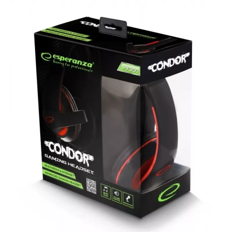 Headset gaming com fios Esperanza EGH300R com microfone de arco omnidirecional, preto/vermelho