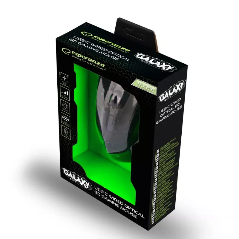 Rato gaming ótico com fios Esperanza EGM212, 2400 DPI, 6 botões, USB, destro, preto