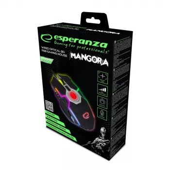 Esperanza EGM701 Mangora Rato gaming com fios 8D, iluminação RGB, 7200 DPI, sensor ótico, 6 botões, cabo entrançado, para destros, preto
