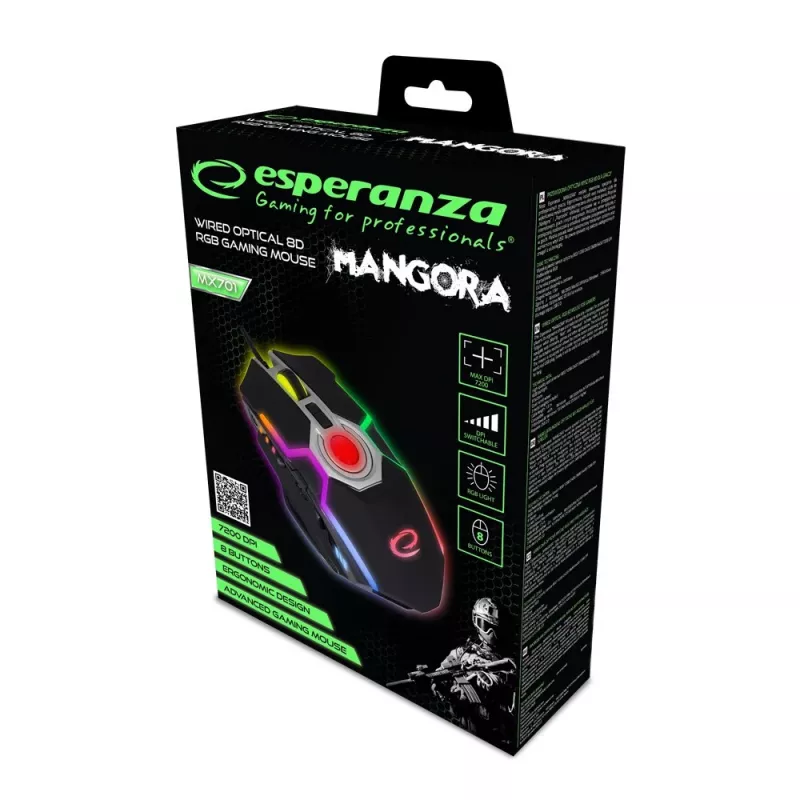 Esperanza EGM701 Mangora Rato gaming com fios 8D, iluminação RGB, 7200 DPI, sensor ótico, 6 botões, cabo entrançado, para destros, preto