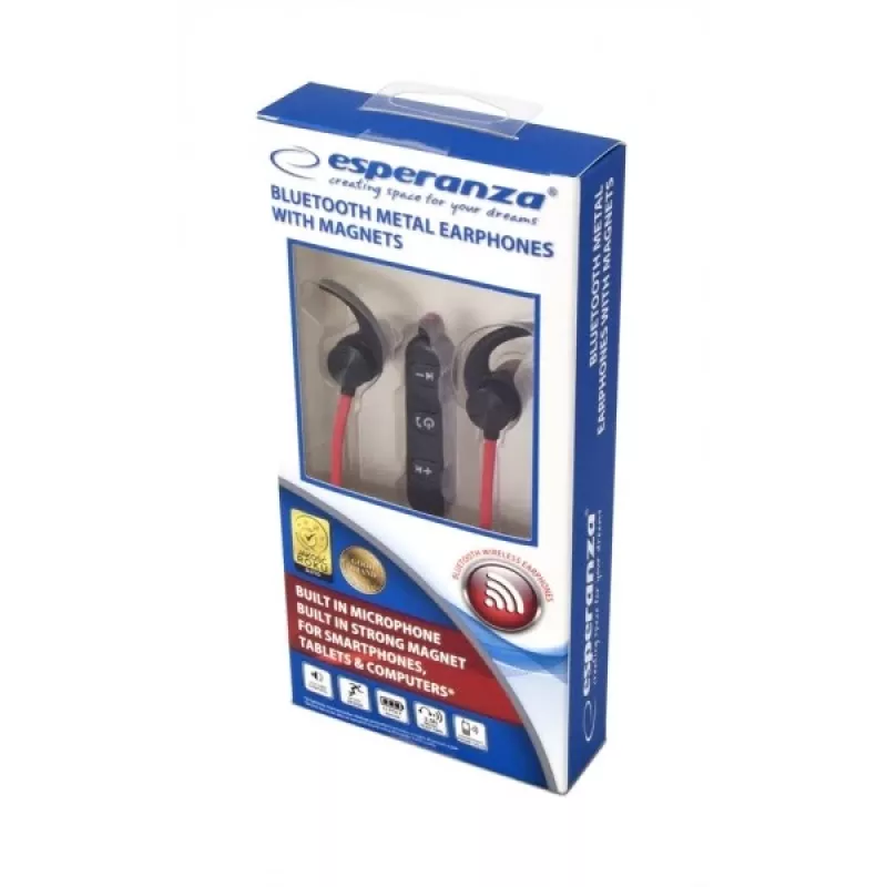 Esperanza EH186K Auscultadores Bluetooth desportivos in-ear com banda de pescoço e microfone, preto/vermelho