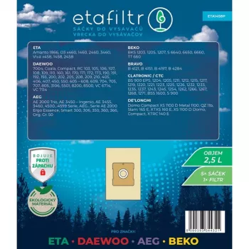ETA Sacos de aspirador para aspiradores ETA, Daewoo, AEG e Beko - Pack de 5 (Castanho) | ETA1458P