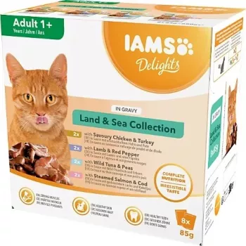 EUKANUBA IAMS DELIGHTS Land & Sea Collection em molho – Alimento húmido para gatos – 8x85g