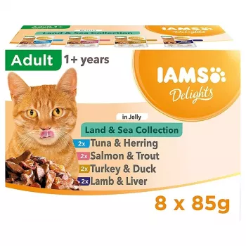 EUKANUBA IAMS DELIGHTS Land & Sea Collection em geleia – Alimento húmido para gatos – 8x85g