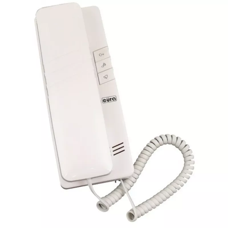 Intercomunicador áudio de porta EURA ADP-44A3 (RL-3203D) - 2 fios, moradia unifamiliar, unidade interior branca, painel exterior prateado