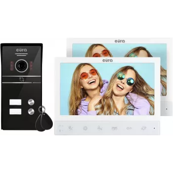 Sistema de videoporteiro duplo EURA VDP-80C5, Branco, 2x LCD de 7 polegadas, FHD, câmara 1080p, leitor RFID, montagem à superfície
