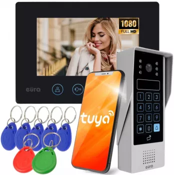 Videoporteiro EURA VDP-90A3 DELTA+ preto 7 polegadas Full HD, WiFi, 2 entradas, teclado, leitor de proximidade, AHD, Tuya