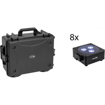 EUROLITE Conjunto 8x AKKU Flat Light 3 preto + Mala de plástico com rodas RGBW LED QuickDMX