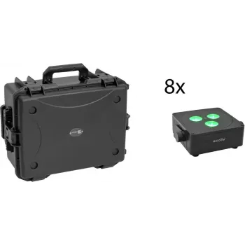 EUROLITE Conjunto 8x AKKU IP Flat Light 3 preto IP65 Focos LED com mala com rodas