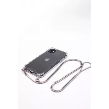 Evelatus Capa de silicone transparente com fita ao pescoço TPU para Apple iPhone 11 Pro prateada