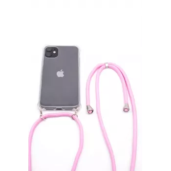 Evelatus capa em silicone transparente com fita ao pescoço TPU rosa transparente para Apple iPhone 11