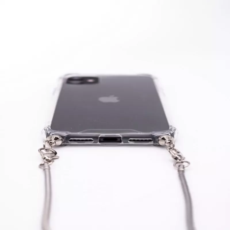 Evelatus Capa de silicone transparente com fita ao pescoço TPU para Apple iPhone 11 prateada