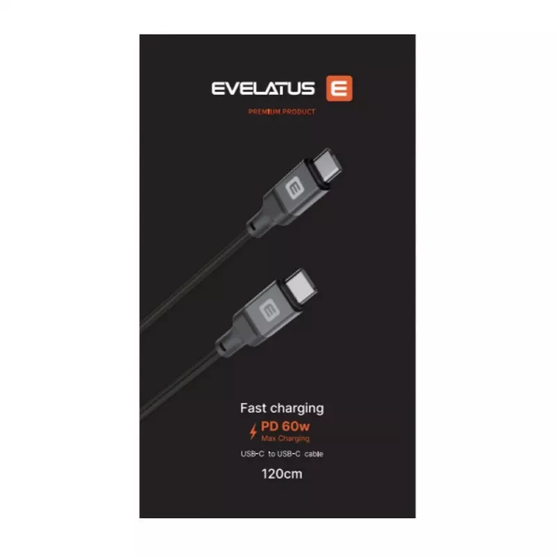 Cabo Evelatus USB-C para USB-C enrolado 1,2 m 60 W PD entrançado Preto