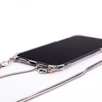 Capa de silicone Evelatus para Samsung Galaxy A20e transparente com fita de pescoço TPU prateada