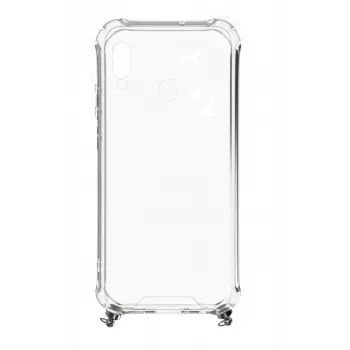 Capa de silicone Evelatus para Samsung Galaxy A20e transparente com fita de pescoço TPU prateada