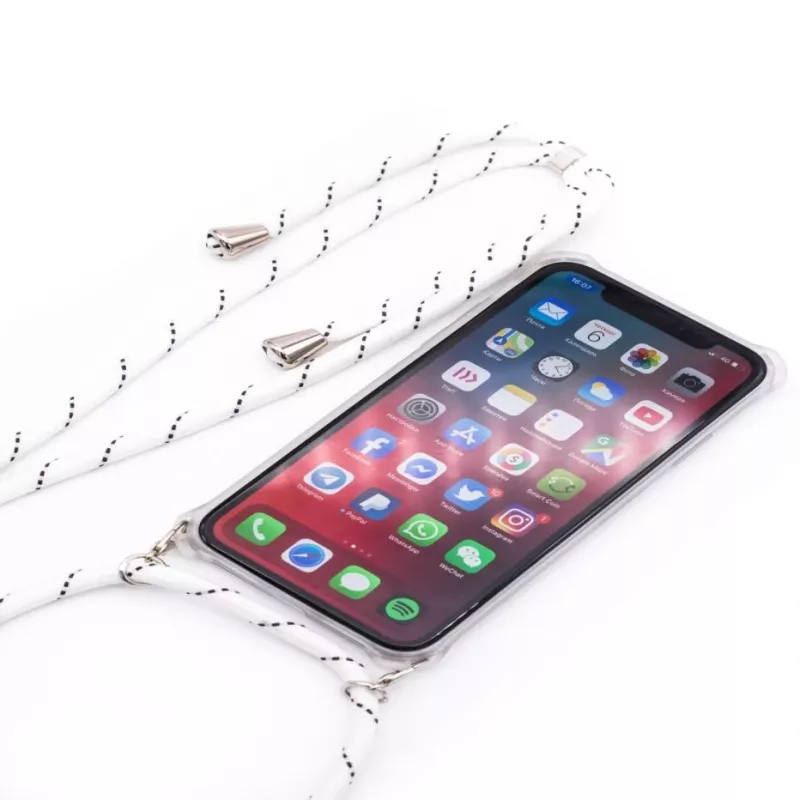 Capa Evelatus Samsung Galaxy A30s com cordão, branco riscas transparente