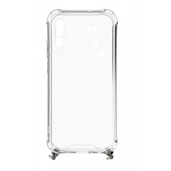 Capa de silicone transparente Evelatus com fita de pescoço TPU para Samsung Galaxy A50 prateada