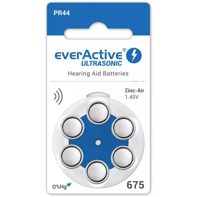 Pilhas para aparelhos auditivos everActive ULTRASONIC 675 zinco-ar PR44 (blister de 6)