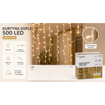 Cortina Extralink Icicle, 500 LEDs Branco Quente + Flash Frio, Comprimento 3 + 20 m