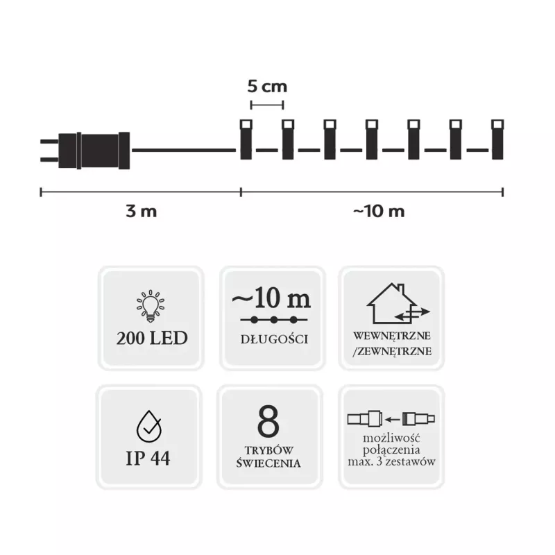 Extralink EX.73271 cordão de luzes LED, 200 LED, branco frio, 10 m + 3 m, interior/exterior