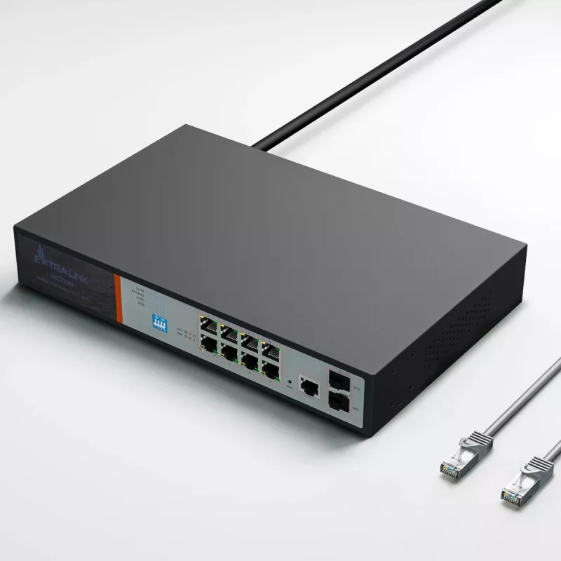 Extralink VICTOR switch gerido 8 portas Gigabit PoE+ com 2 SFP, orçamento 150W, L2+