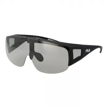 Óculos de sol unissexo FILA SFI126-99U28F estilo escudo armação preta lentes fumadas UV400