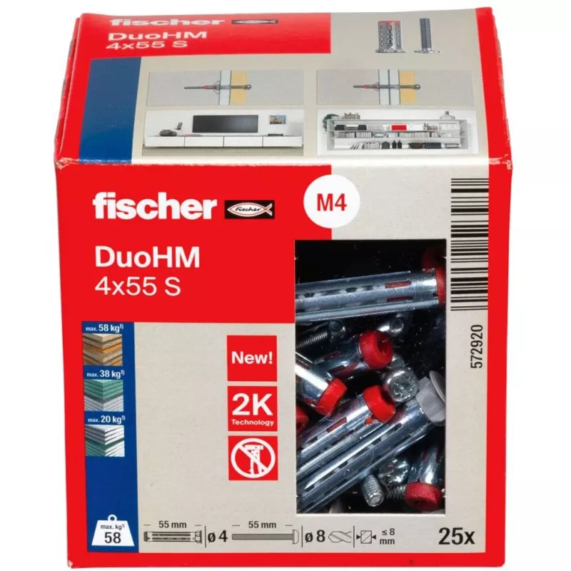 fischer DuoHM 4x55 S PH PZ bucha para parede oca 55 mm, 25 unidades 572920