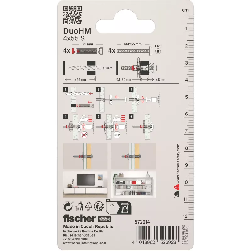 Bucha para parede oca Fischer DuoHM 4x55 S PH TX, 55 mm, 4 unid. 572914