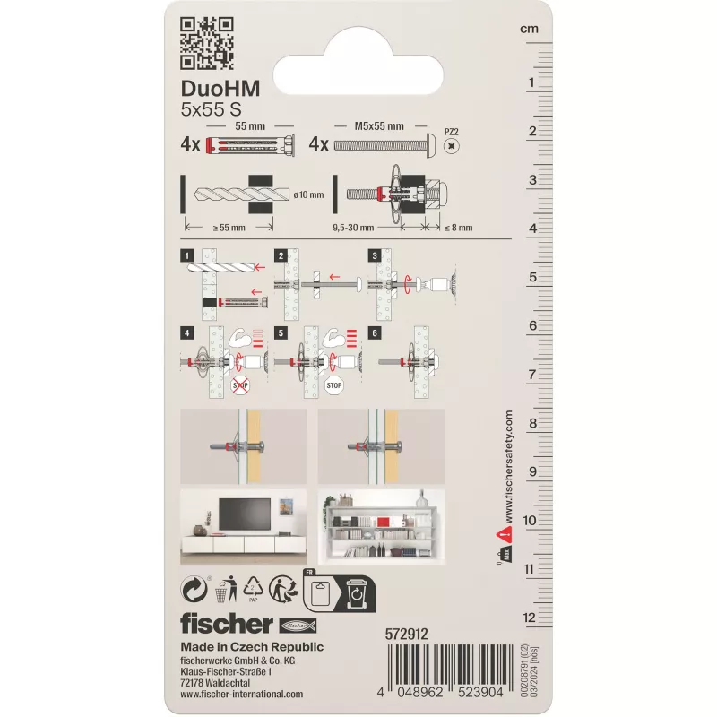Fischer DuoHM 5x55 S PH PZ Bucha para Parede Oca 55 mm 4 Unid. 572912